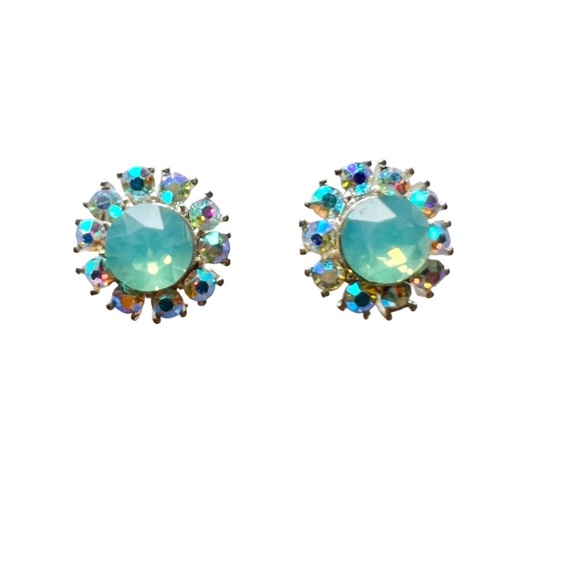 Jewelry - Aquamarine Colored Stone with Crystals Stud Earrings